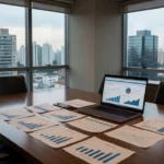 Análise financeira de risco em locações imobiliárias com gráficos e vista de prédios no Brasil