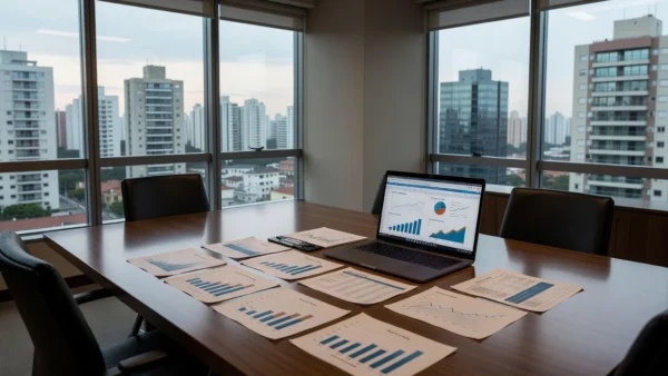 Análise financeira de risco em locações imobiliárias com gráficos e vista de prédios no Brasil
