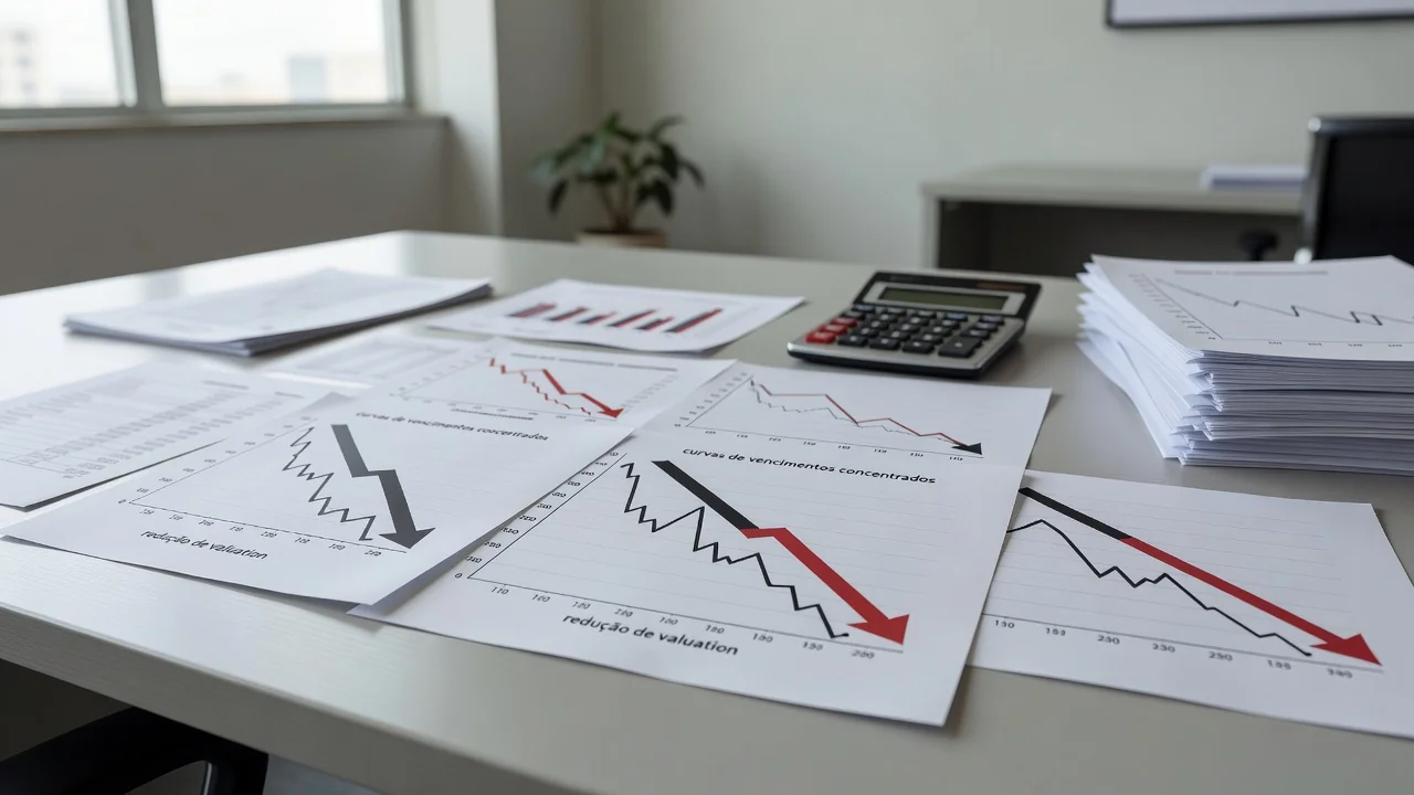 Gráficos e relatórios financeiros sobre risco de rollover em carteiras com vencimentos concentrados