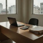 Escritório comercial vazio com elementos para cálculo de ponto de equilíbrio em contratos de aluguel