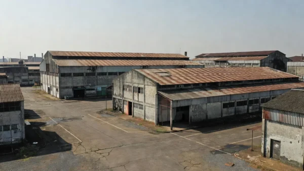 Complexo industrial envelhecido no Brasil com galpões antigos, análise de custo de reposição e cap rate