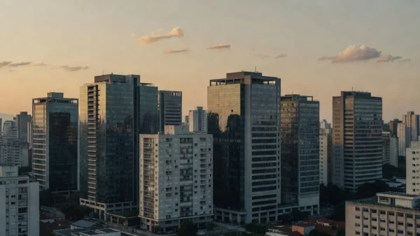 Skyline de edifícios residenciais em São Paulo ao entardecer, simbolizando o mercado imobiliário brasileiro