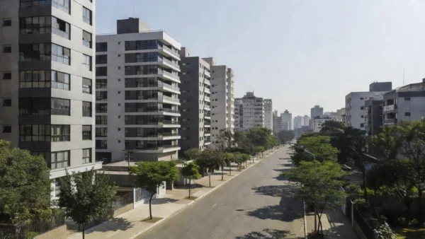 Bairro residencial em São Paulo com edifícios modernos simbolizando análise de aluguel e títulos