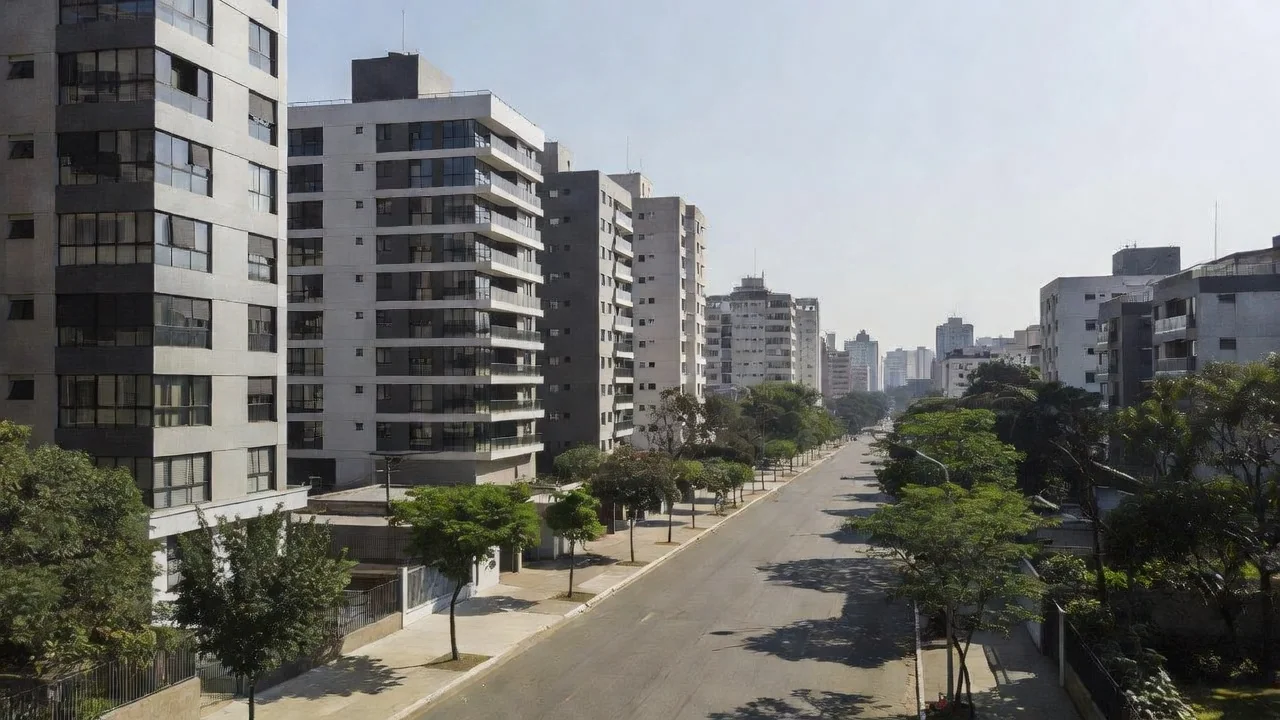 Bairro residencial em São Paulo com edifícios modernos simbolizando análise de aluguel e títulos