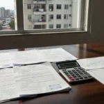 Documentos de permuta imobiliária e calculadora representando cálculo de ganho de capital diferido