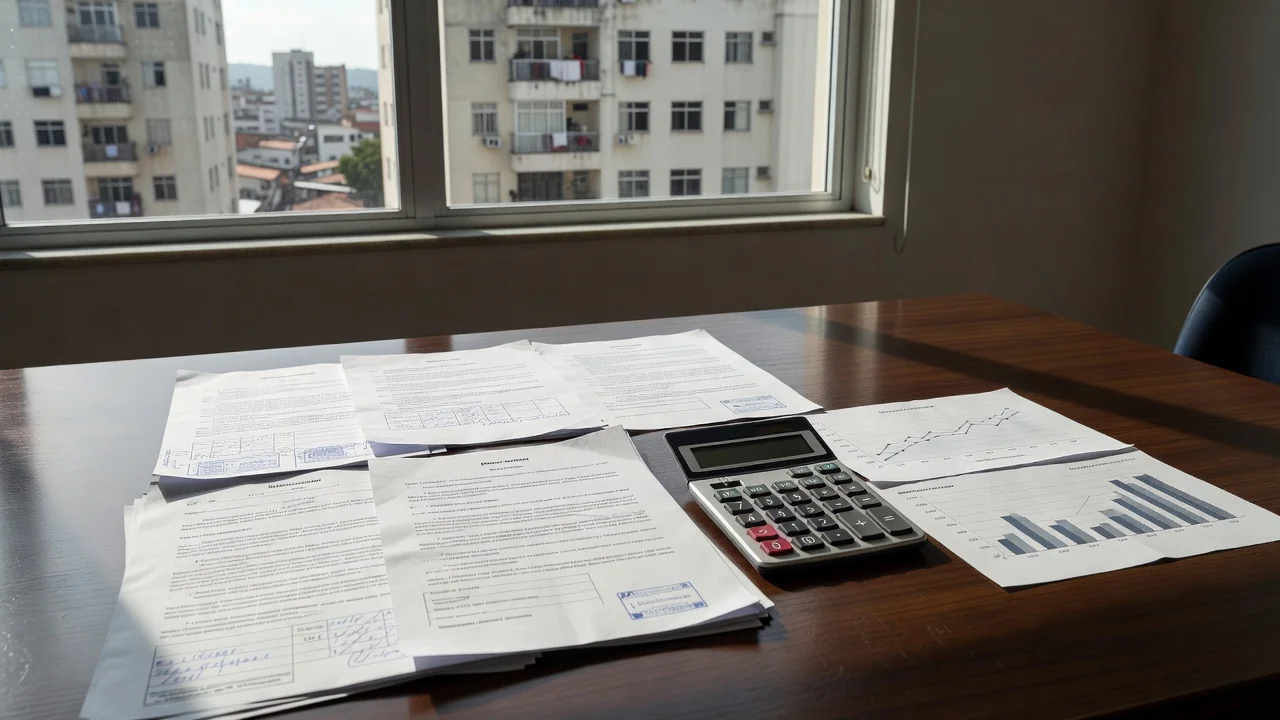Documentos de permuta imobiliária e calculadora representando cálculo de ganho de capital diferido