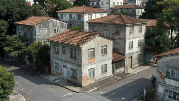 Edifícios residenciais antigos em área urbana brasileira para análise de custo de reposição imobiliário