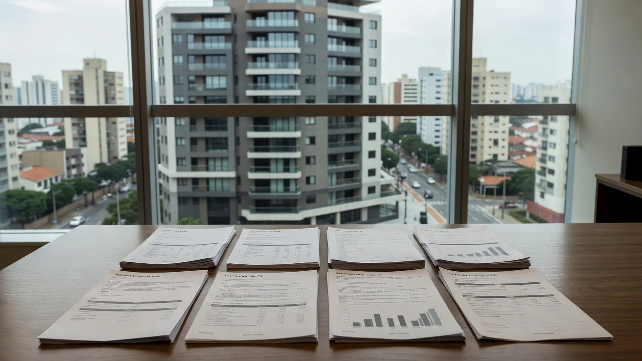 Edifício residencial brasileiro com documentos de permuta por cotas de FII