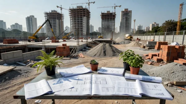 Canteiro de obras de lançamento imobiliário com análise de ponto de equilíbrio VGV