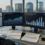 Mesa com gráficos de cap rate e Selic em escritório financeiro em São Paulo