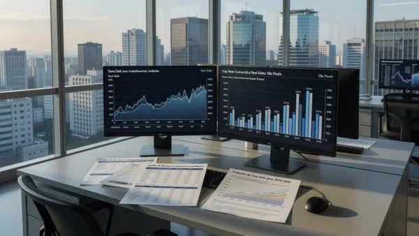 Mesa com gráficos de cap rate e Selic em escritório financeiro em São Paulo