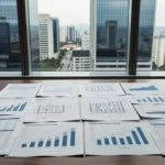 Documentos e gráficos de FIIs sobre mesa em escritório com vista urbana