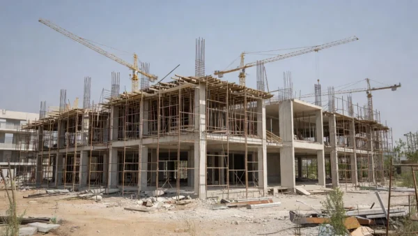 Canteiro de obras de construção imobiliária no Brasil com atrasos em projeto