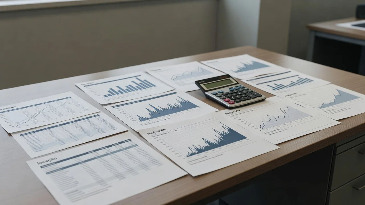 Documentos e gráficos de análise financeira sobre VPL de locação e volatilidade da Selic