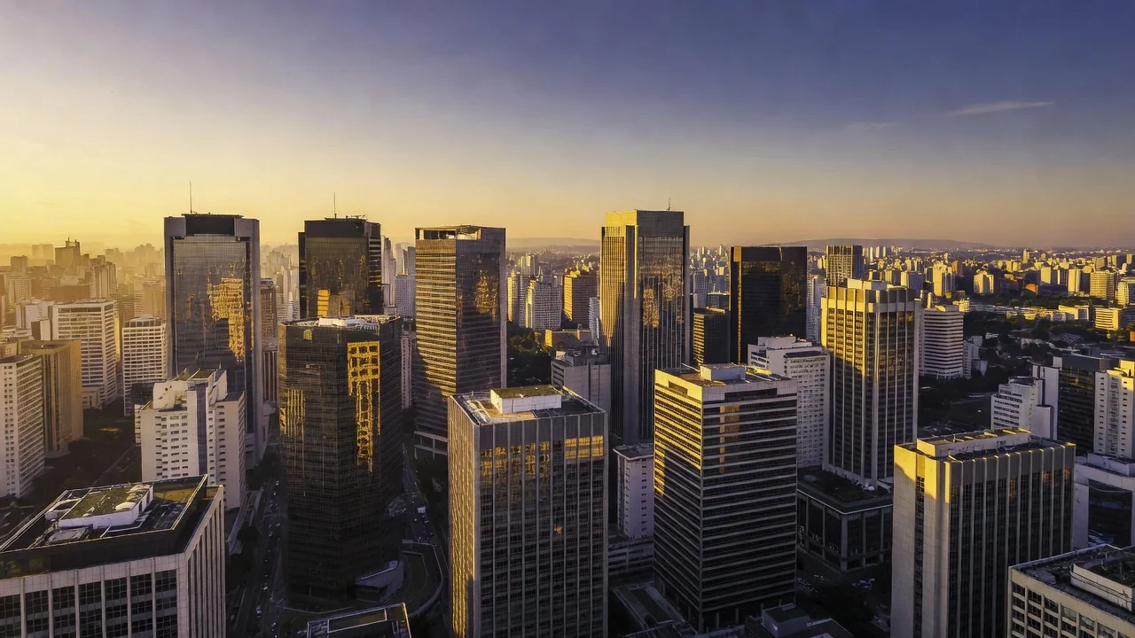 Vista do centro financeiro de São Paulo representando análise de cap rate e curva de juros