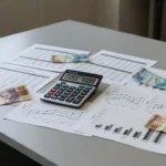 Gráficos e calculadora representando análise de amortização extraordinária e break-even