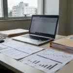 Gráficos e documentos de análise financeira sobre cotas de FII