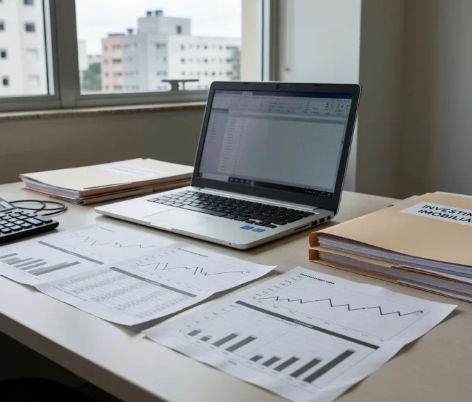 Gráficos e documentos de análise financeira sobre cotas de FII