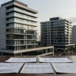Complexo imobiliário moderno em São Paulo com documentos financeiros sobre mesa