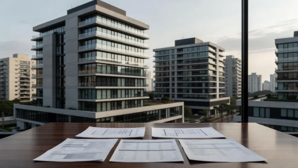 Complexo imobiliário moderno em São Paulo com documentos financeiros sobre mesa
