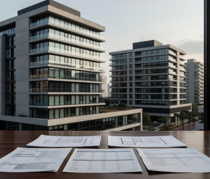 Complexo imobiliário moderno em São Paulo com documentos financeiros sobre mesa