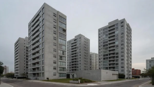 Edifícios residenciais brasileiros sob céu nublado, análise de LTV e juros