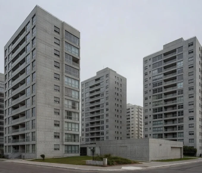 Edifícios residenciais brasileiros sob céu nublado, análise de LTV e juros