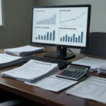 Gráficos de fluxo de caixa e documentos de aluguéis em mesa de escritório