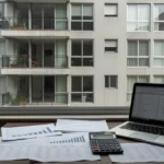 Prédio residencial brasileiro com documentos de análise financeira de locação