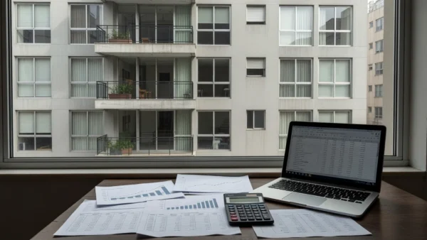 Prédio residencial brasileiro com documentos de análise financeira de locação