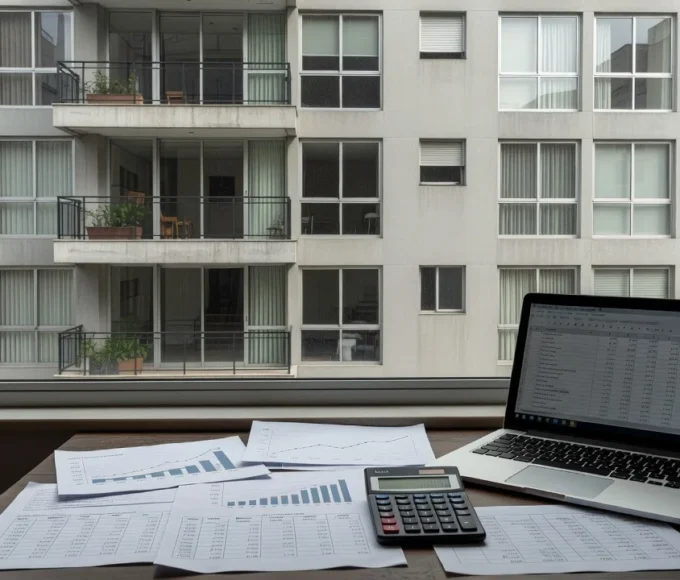Prédio residencial brasileiro com documentos de análise financeira de locação