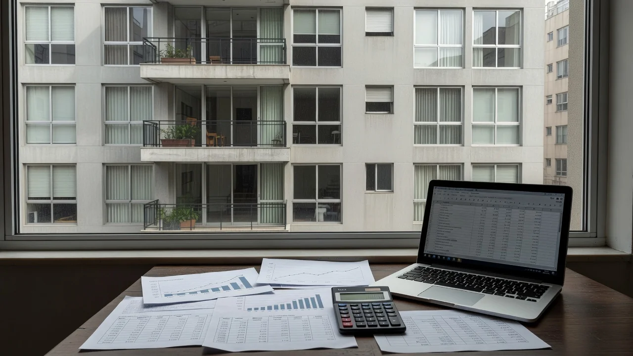Prédio residencial brasileiro com documentos de análise financeira de locação