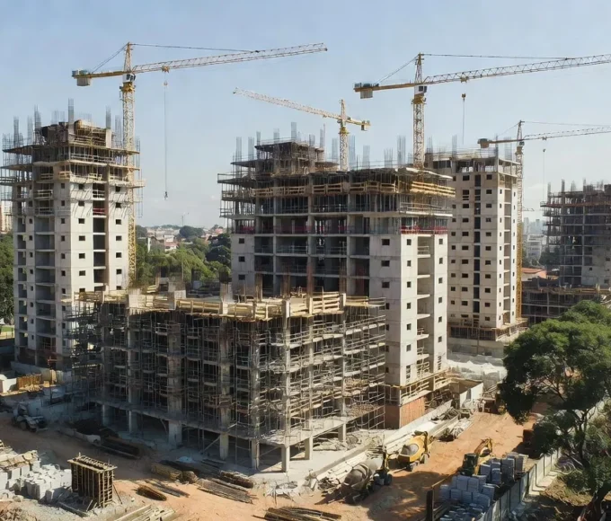 Canteiro de obras de lançamento imobiliário no Brasil para análise de TIR e equity
