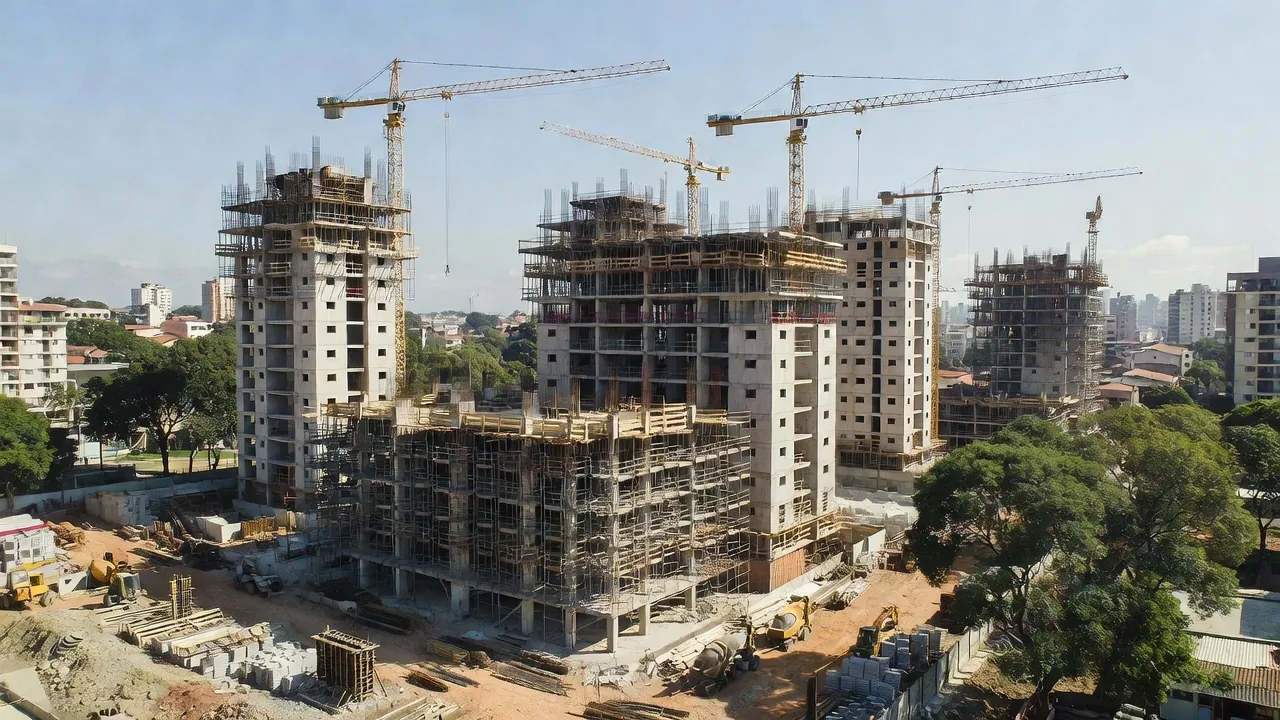 Canteiro de obras de lançamento imobiliário no Brasil para análise de TIR e equity