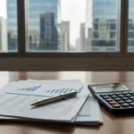 Documentos financeiros e calculadora para análise de dividend yield de FIIs