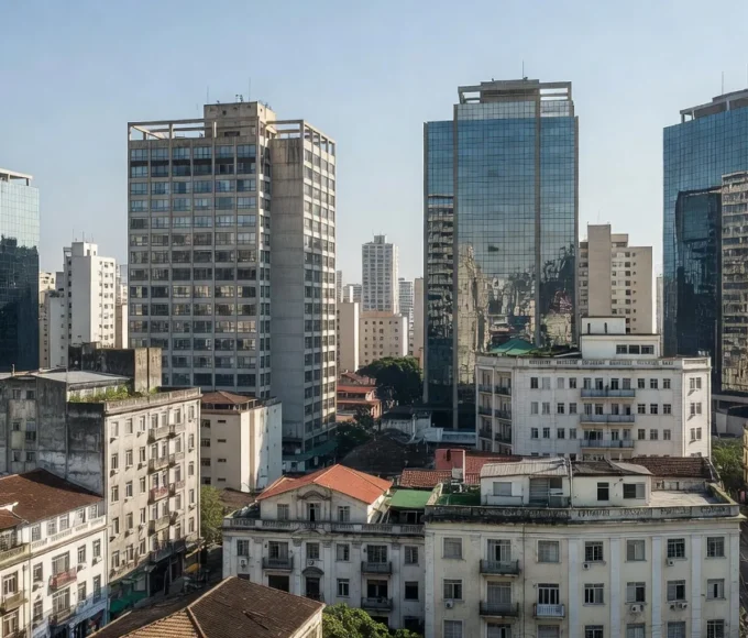 Panorama urbano de São Paulo com edifícios variados do mercado imobiliário