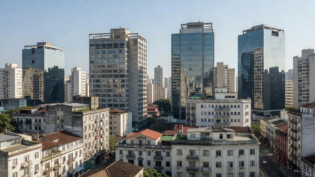 Panorama urbano de São Paulo com edifícios variados do mercado imobiliário